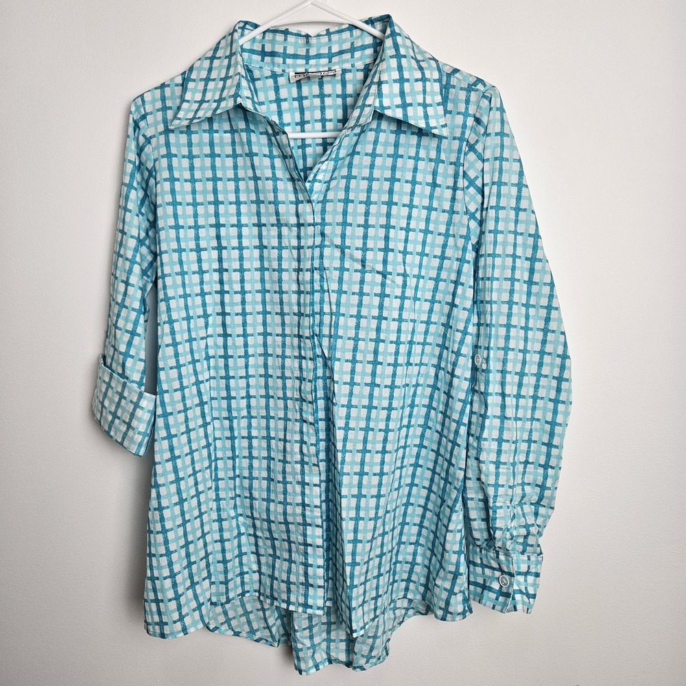 Mishca Blouse Size S Button Front Shirt Teal White Plaid Roll Tab Sleeve‎ Cotton